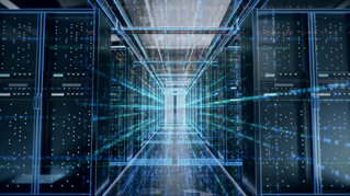  Data center with server wracks and overlays of blue lines leading to door, Private AI for the Enterprise | DXC Technology